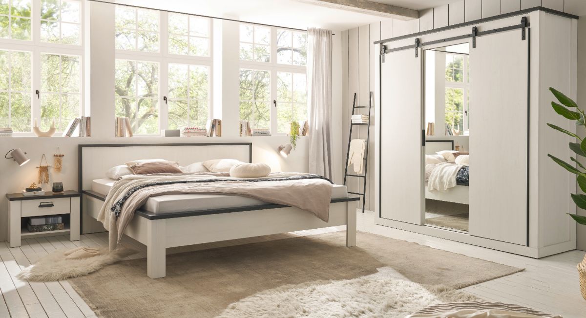 Schlafzimmer Set 4-teilig Stove in weiss Pinie Lanhaus mit Doppelbett 180 x 200 cm- Kleiderschrank und 2 x Nachttisch