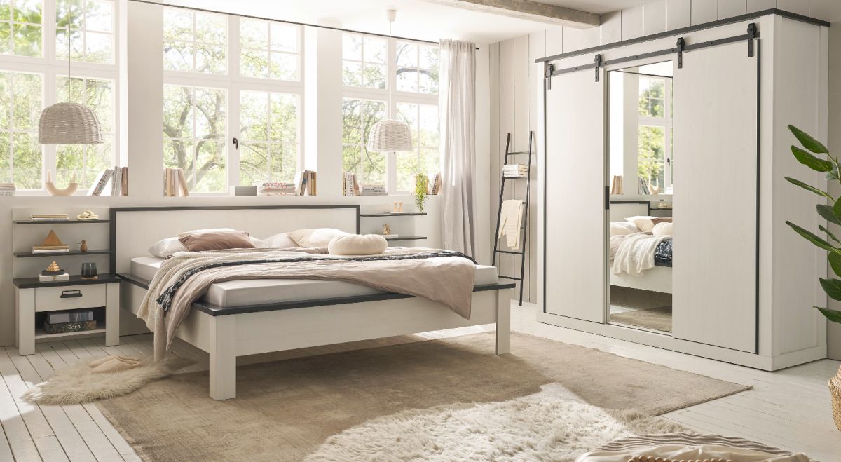 Schlafzimmer Set 6-teilig Stove in weiss Pinie Landhaus mit Doppelbett 180 x 200 cm und Kleiderschrank