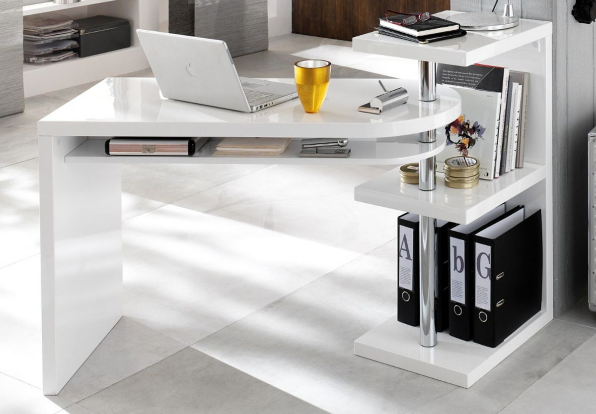 Schreibtisch Mattis in weiss Hochglanz Lack schwenkbarer Eckschreibtisch für Homeoffice und Büro 145 x 50 cm