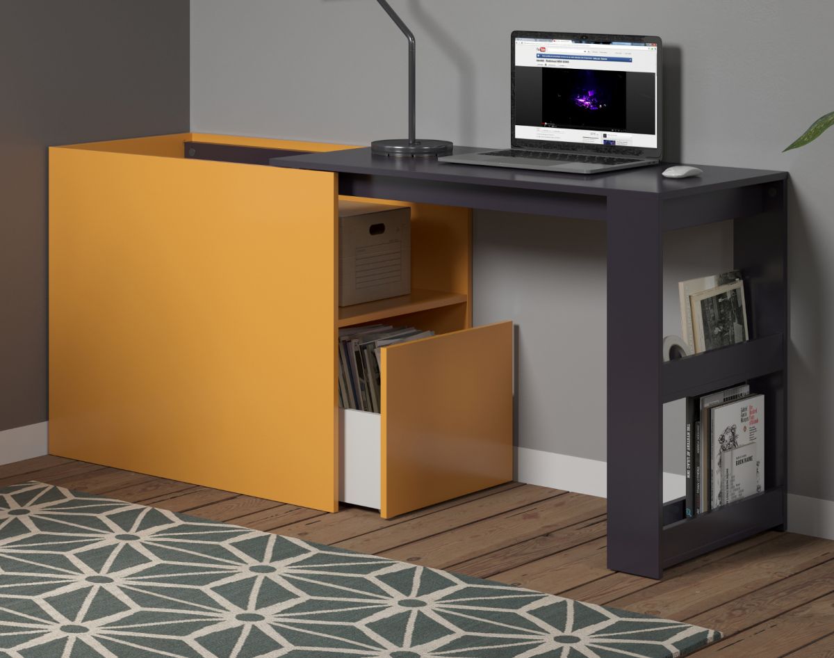 Schreibtisch Solution in navi blau und gelb Kommode ausziehbar zum Laptoptisch für Homeoffice 100 - 170 cm