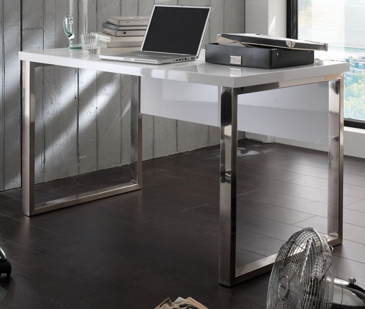 Schreibtisch Sydney in weiss Hochglanz lackiert Laptoptisch für Homeoffice und Büro 140 x 70 cm