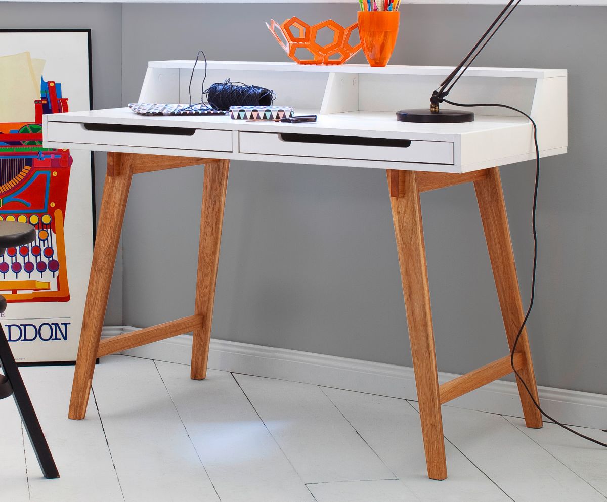 Schreibtisch Tiffy in weiss matt lackiert und Massivholz für Homeoffice und Büro 110 x 58 cm