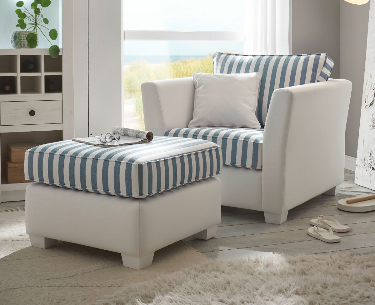 Sessel Set Hooge in creme und blau Landhaus Wohnzimmer Loungesessel inklusive Hocker
