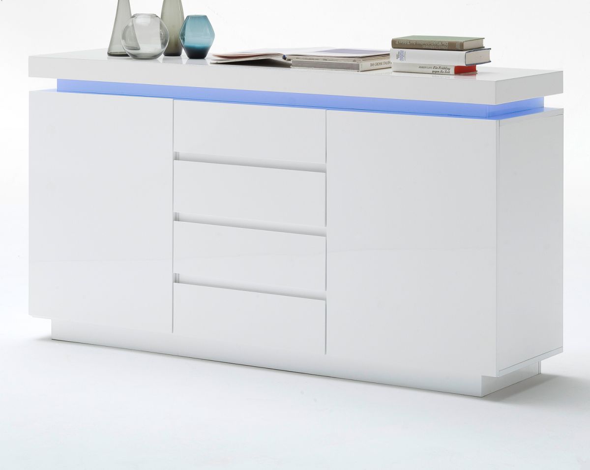 Sideboard Ocean in weiss Hochglanz Lack Kommode inkl- LED Beleuchtung mit Farbwechsel 150 x 81 cm