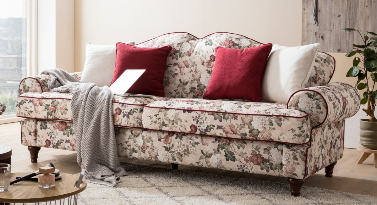 Sofa 3-5-Sitzer Elita in creme Landhaus Blumen Design Couch 228 cm