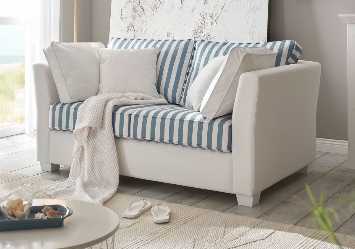 Sofa Hooge in creme und blau Landhaus Couch 2-Sitzer 160 cm inkl- 4 Kissen