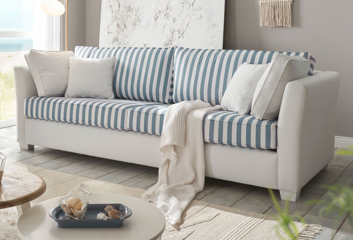 Sofa Hooge in creme und blau Landhaus Wohnzimmer Couch 3-Sitzer 240 cm