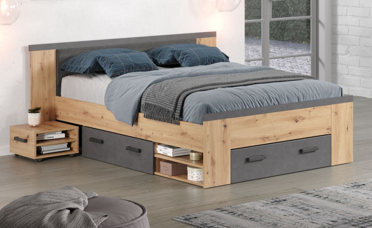 Stauraumbett Follow in Artisan Eiche und grau Set mit 2x Nachttisch und 3x Bettschubkasten Bett 140 x 200 cm