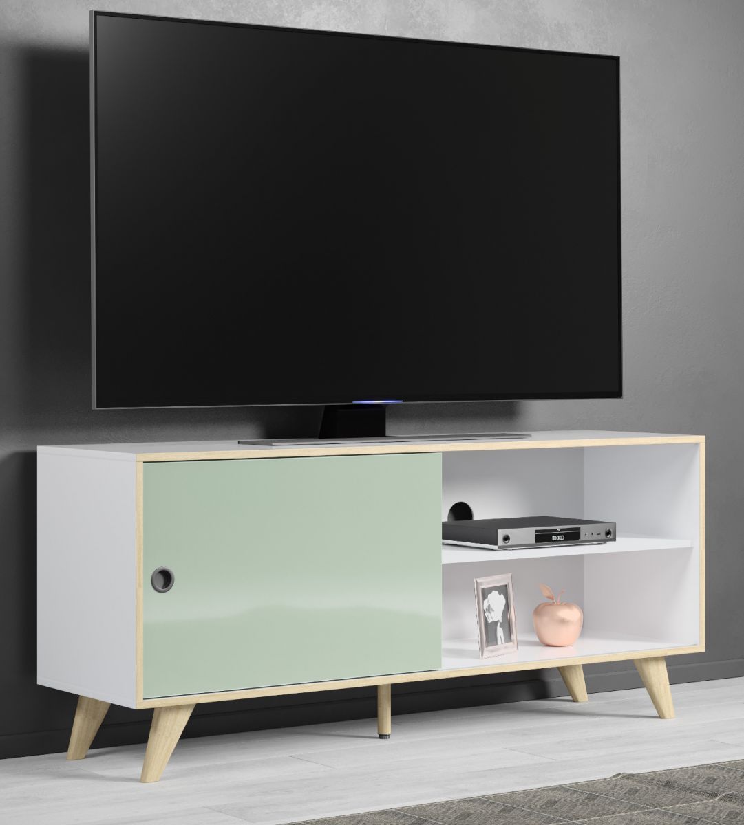 TV-Lowboard Adelaide in weiss und grün Hochglanz Lack TV Unterteil aus Italien in Komforthöhe 145 x 63 cm