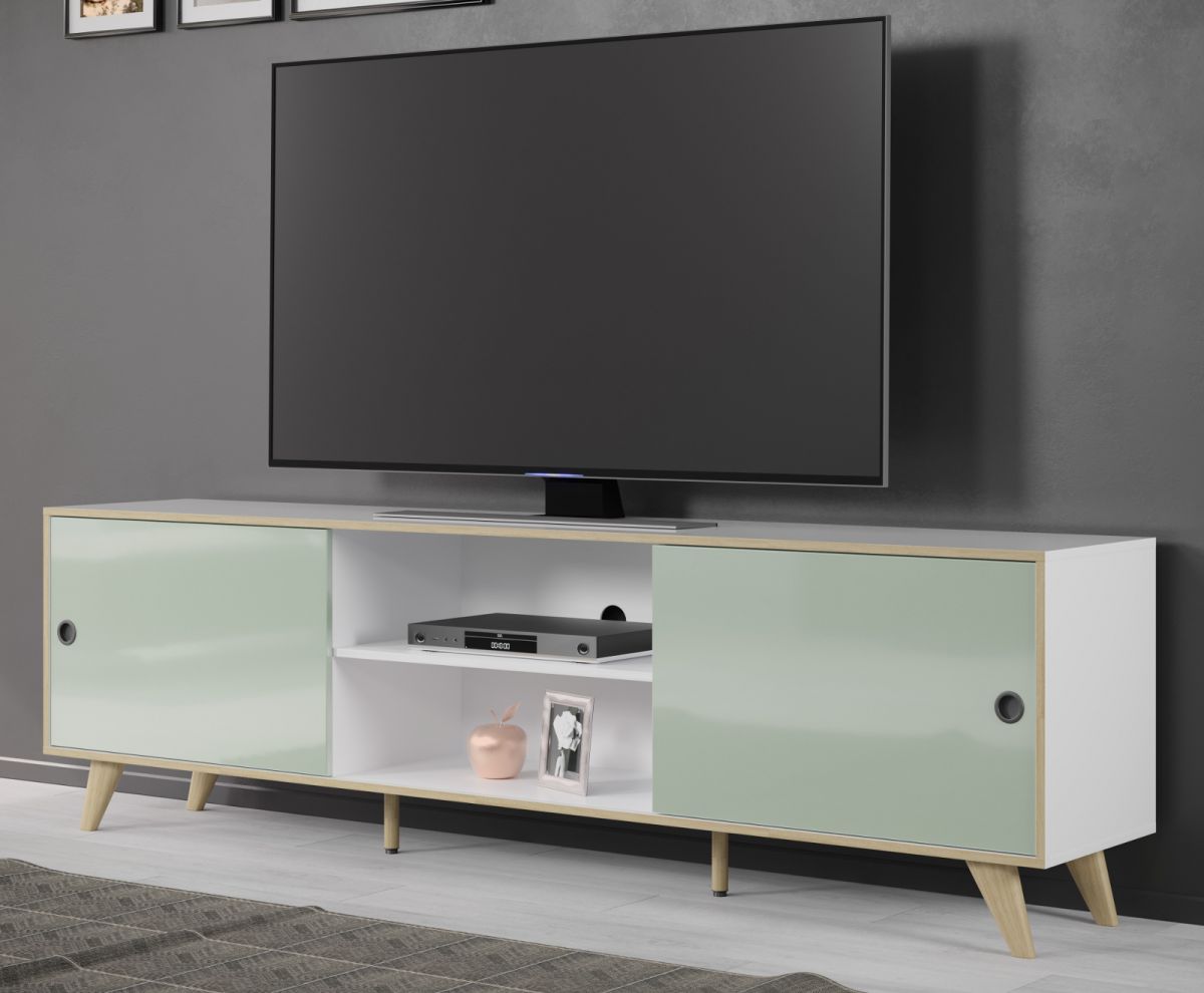 TV-Lowboard Adelaide in weiss und grün Hochglanz Lack TV Unterteil aus Italien in Komforthöhe 216 x 63 cm