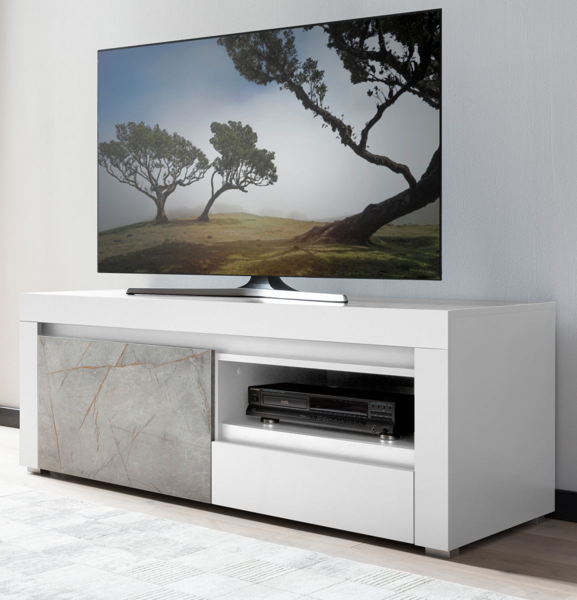 TV-Lowboard Airen in weiss und Marmor grau Optik 140 cm unter Alle Zimmer > Wohnzimmer > TV-Möbel und Medienmöbel > TV Lowboard weiß