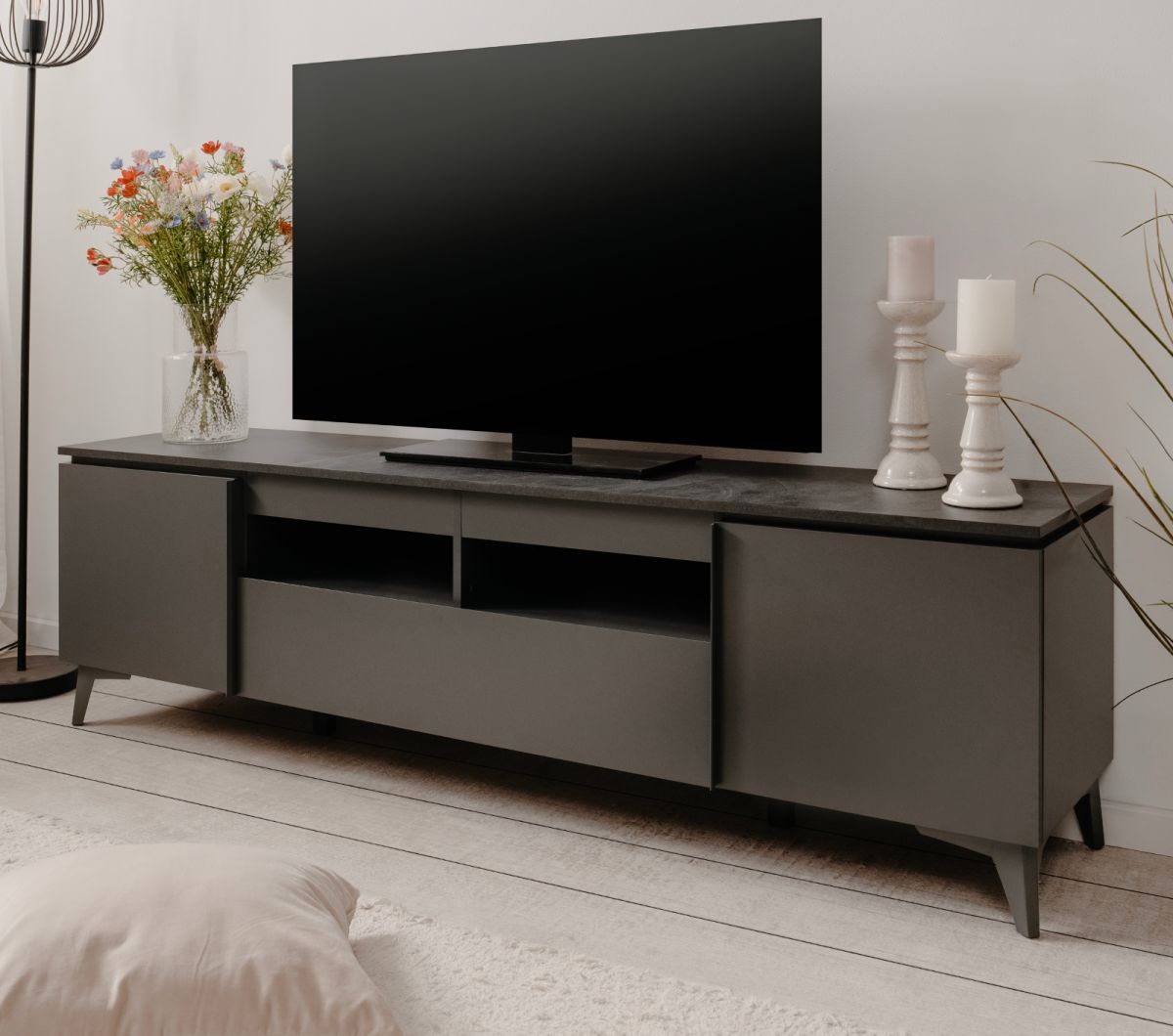 TV-Lowboard Bertrix in grau und Schiefer TV Unterteil 177 cm