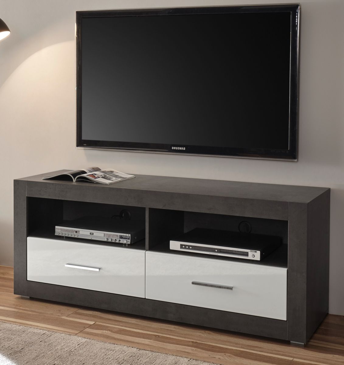 TV-Lowboard Briard in weiss Hochglanz und grau Stone TV Unterteil mit Komforthöhe 150 x 61 cm