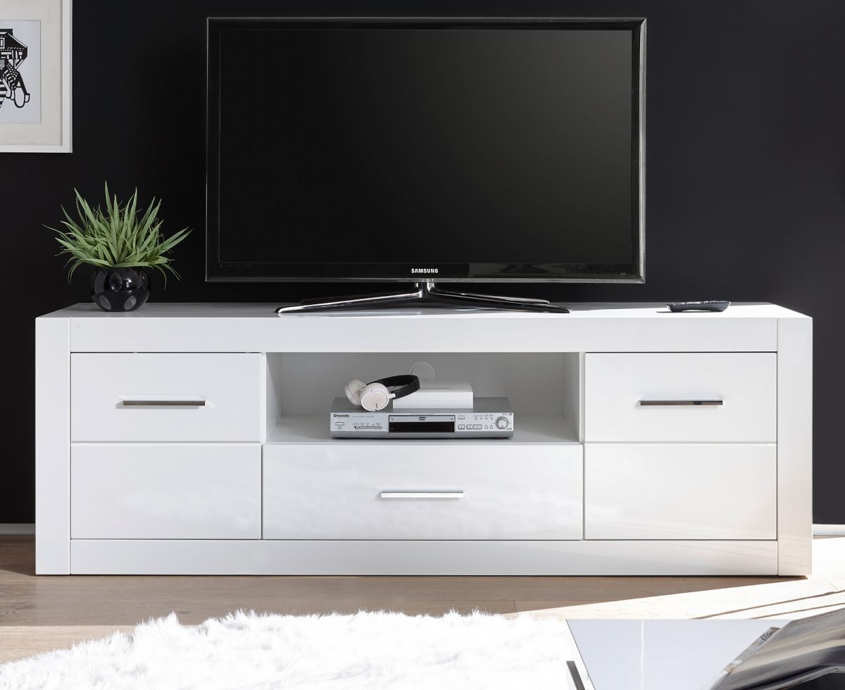 TV-Lowboard Carrara in weiss Hochglanz TV Unterteil in Komforthöhe auf Rollen 180 x 61 cm
