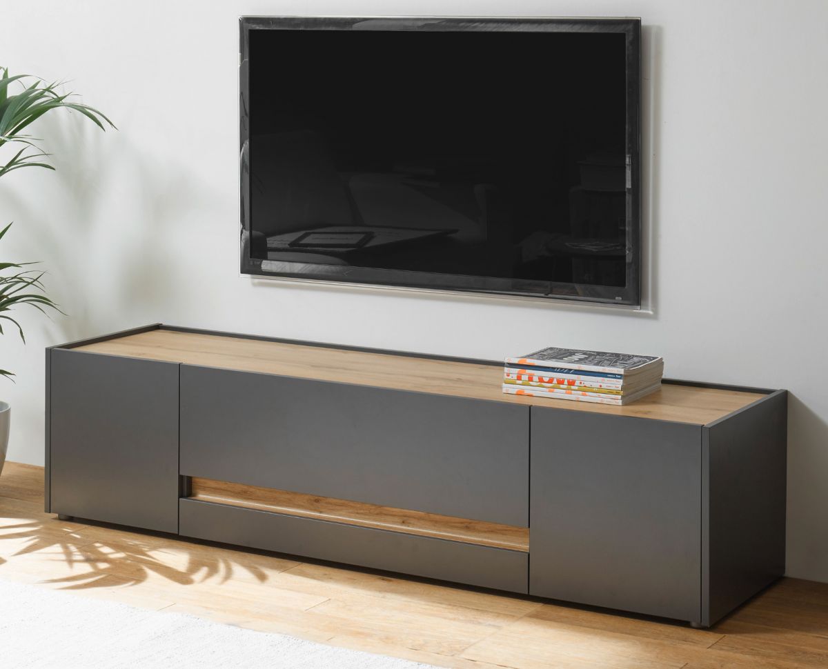 TV-Lowboard Center in grau matt und Wotan Eiche TV-Unterteil 170 x 40 cm