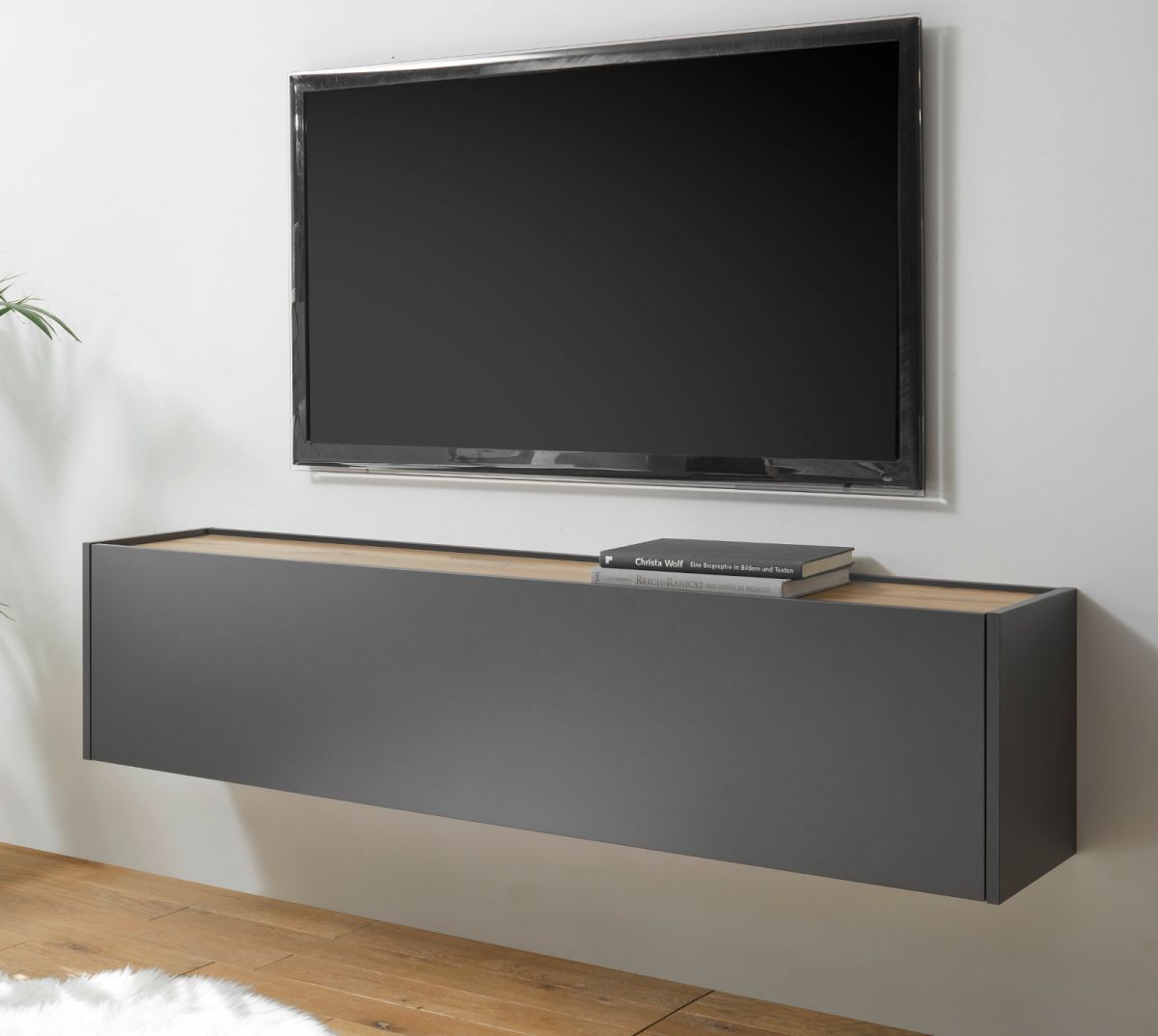 TV-Lowboard Center in grau matt und Wotan Eiche TV-Unterteil hängend 150 x 35 cm Hängeschrank unter Wohnzimmer > TV-Möbel und Medienmöbel > TV Lowboard hängend
