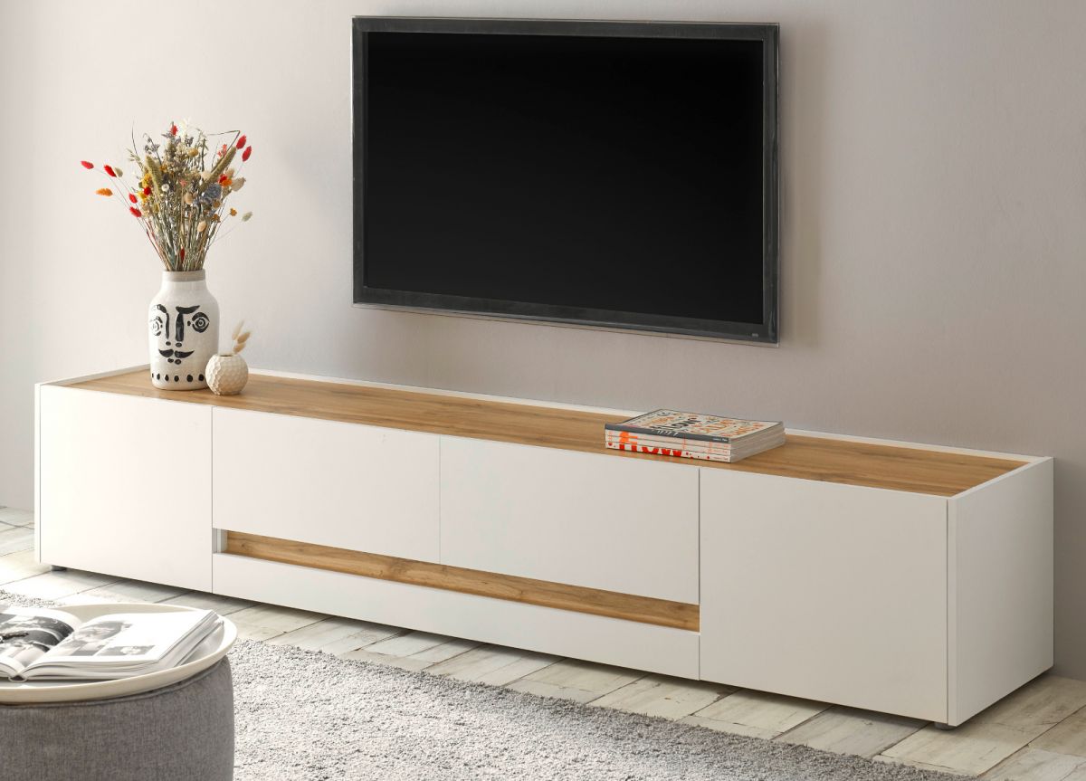 TV-Lowboard Center in weiss und Wotan Eiche TV-Unterteil 220 x 40 cm TV-Board XL