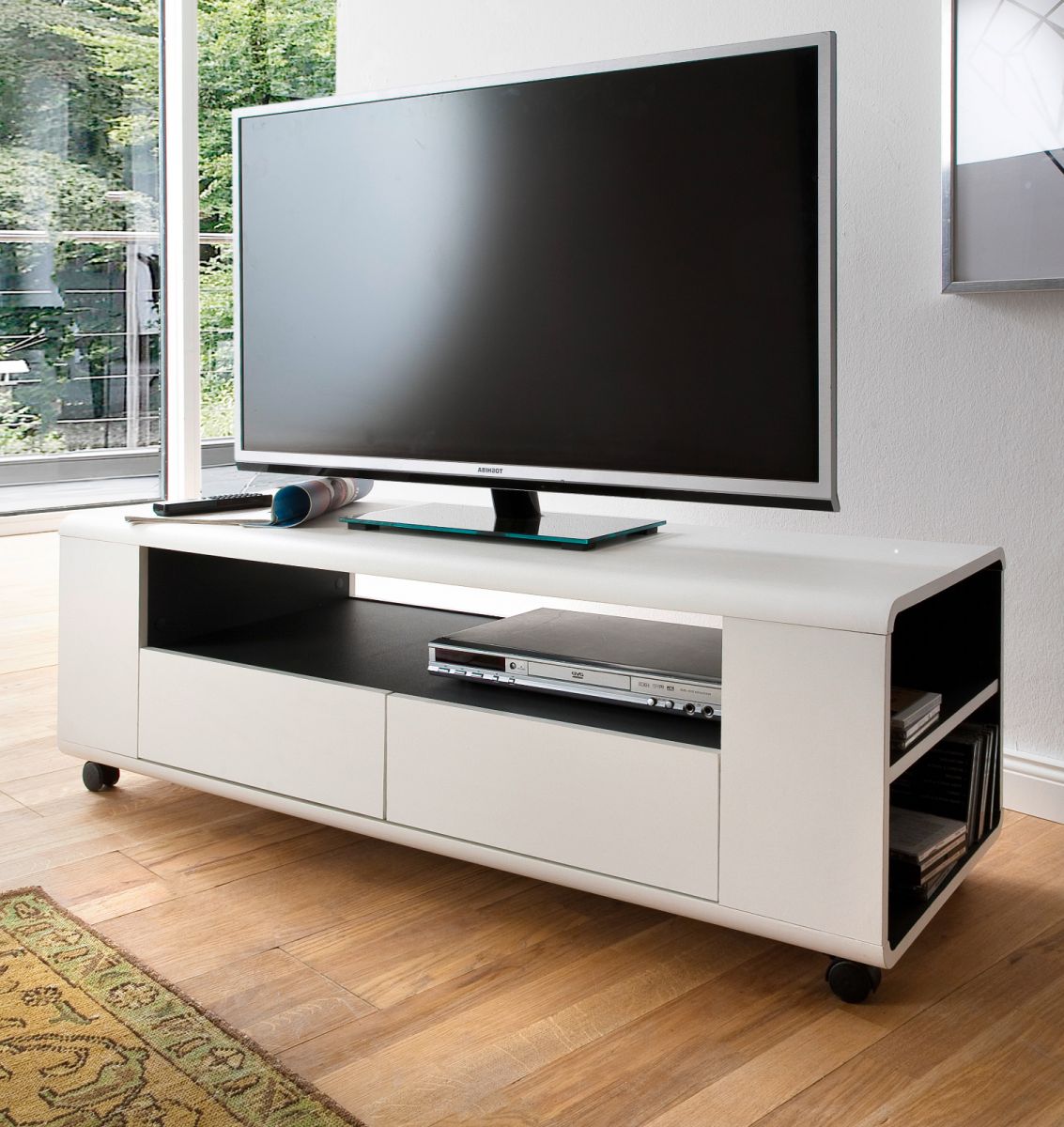 TV-Lowboard Chessey in weiss matt mit Anthrazit Fernsehtisch auf Rollen 119 x 46 cm unter Wohnzimmer > TV-Möbel und Medienmöbel > TV Lowboard weiß