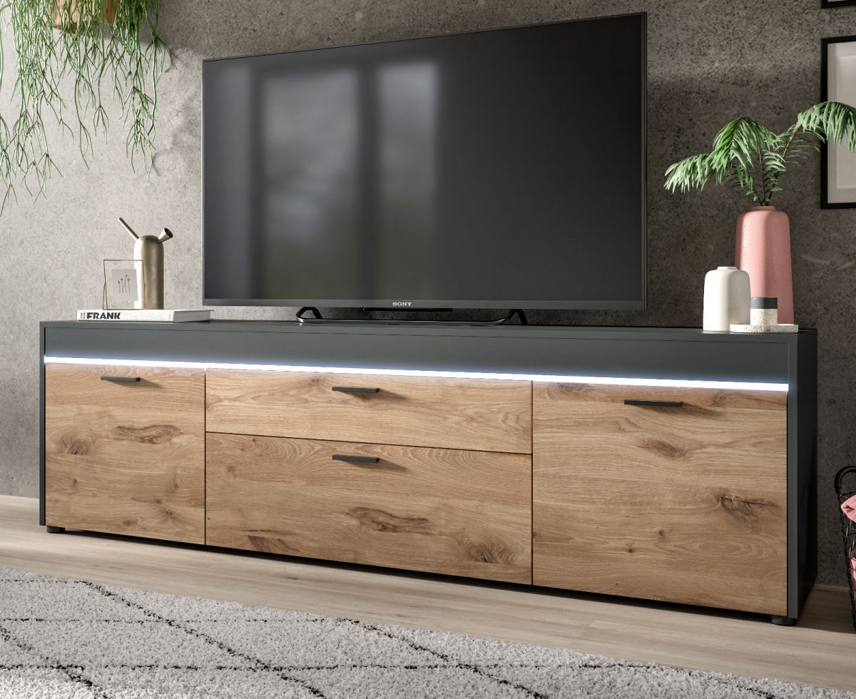 TV-Lowboard Danio in grau und Viking Eiche TV Unterteil inklusive LED Beleuchtung 185 cm