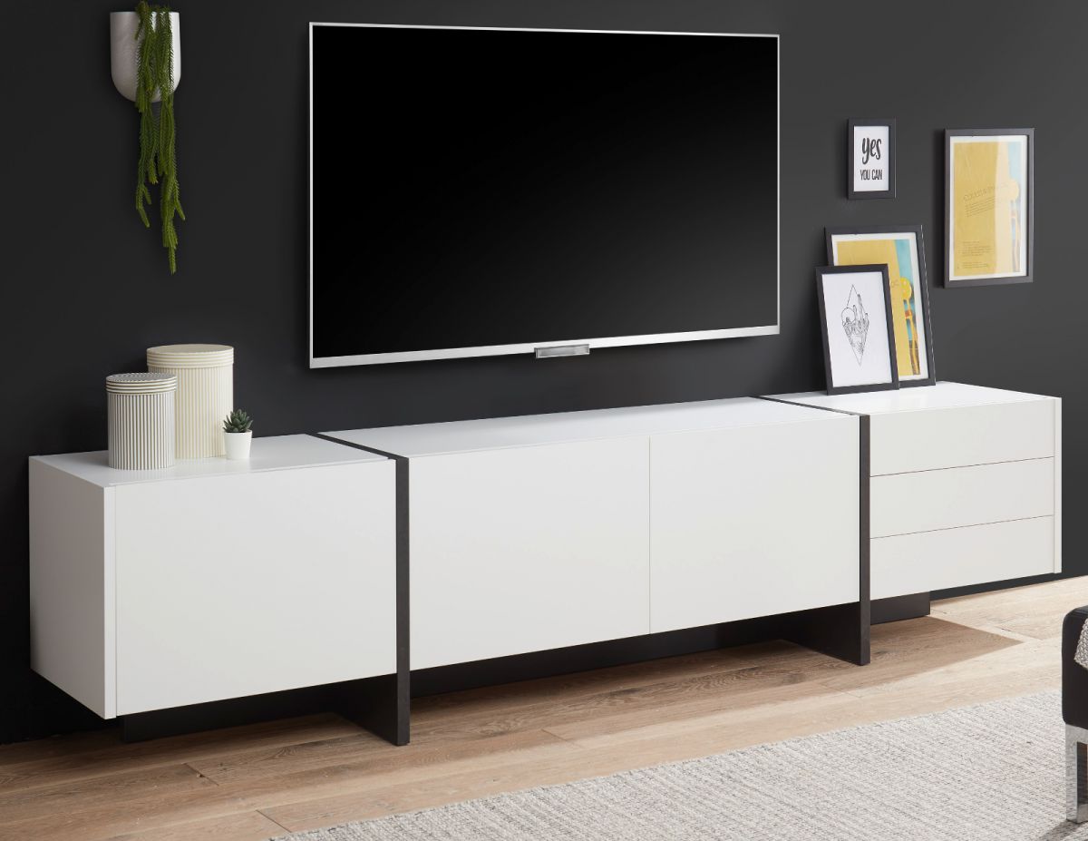 TV-Lowboard Design-M in weiss matt und Fresco grau Flat TV Unterschrank in Komforthöhe 250 x 60 cm XXL-Board