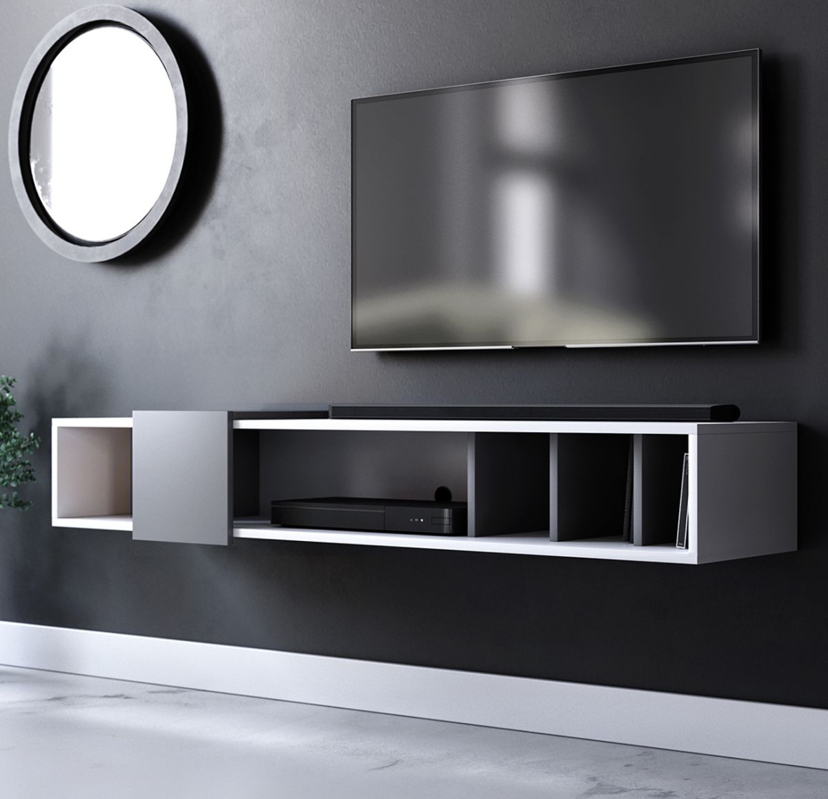 TV-Lowboard Design-T in weiss und grau TV-Unterteil hängend 150 x 25 cm