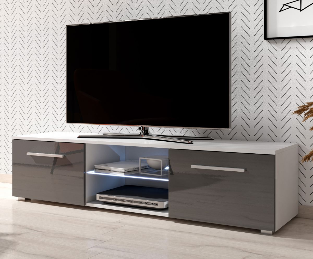 TV Lowboard Earth in grau Hochglanz und weiss mit LED Beleuchtung 140 x 36 cm unter Wohnzimmer > TV-Möbel und Medienmöbel > TV Lowboard grau