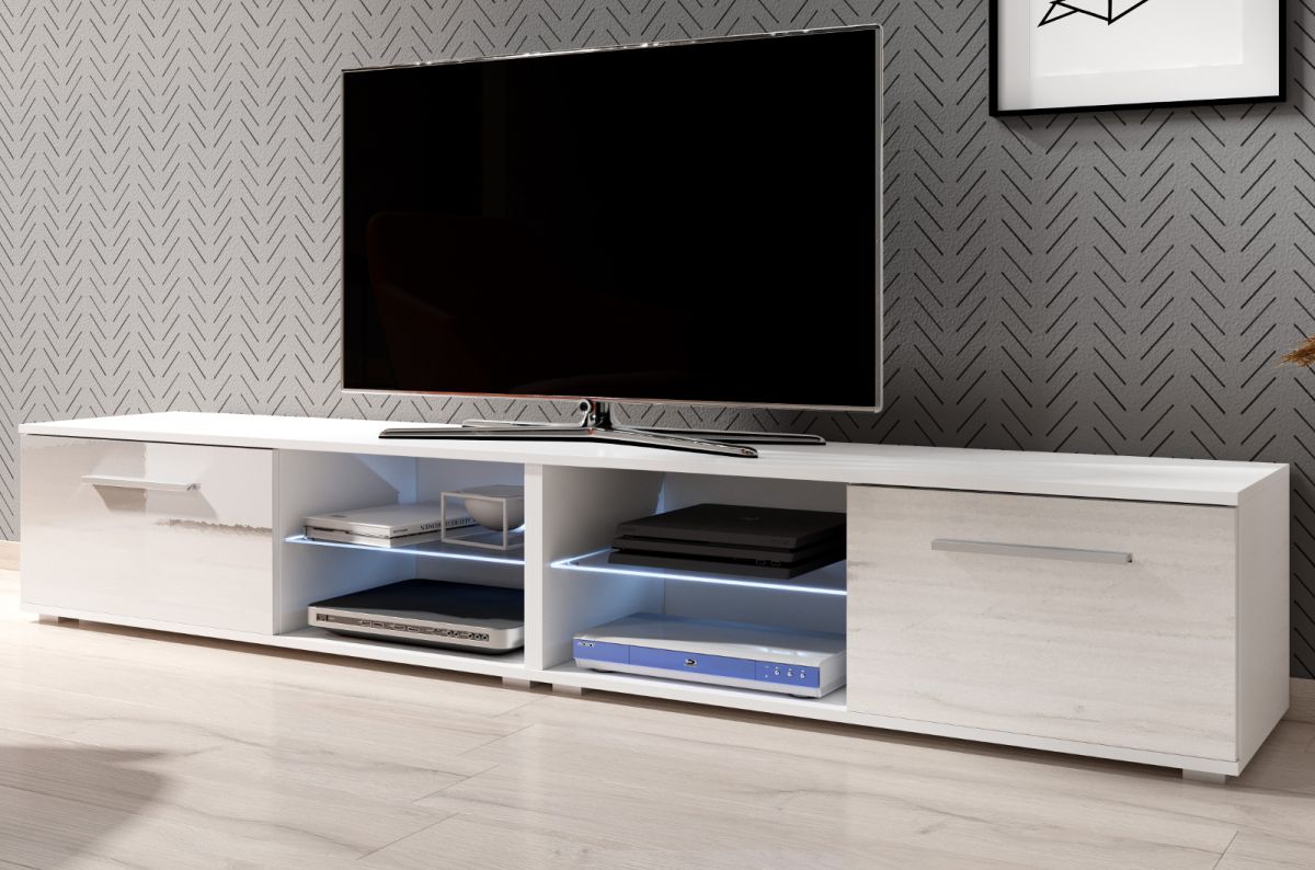 TV Lowboard Earth in weiss Hochglanz mit LED Beleuchtung 200 x 36 cm unter Wohnzimmer > TV-Möbel und Medienmöbel > TV Lowboard weiß Hochglanz
