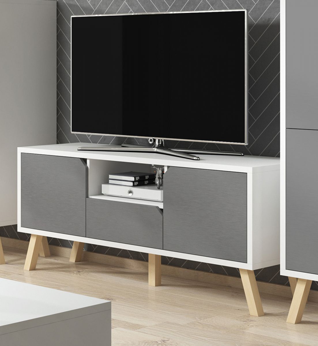 TV-Lowboard Edos in grau und weiss TV-Unterteil in Komforthöhe 140 x 70 cm