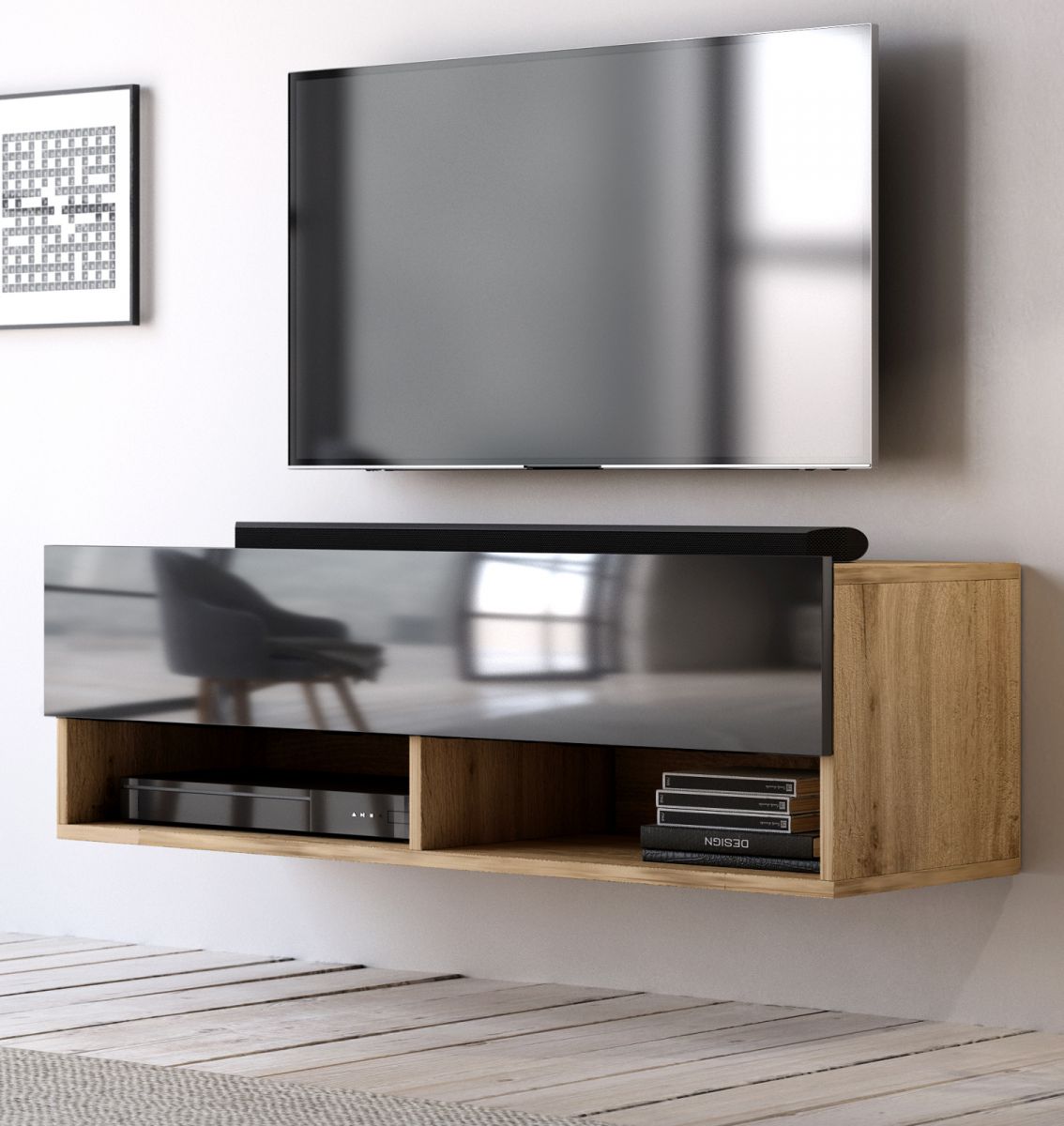 TV-Lowboard Epsom in schwarz Hochglanz und Wotan Eiche TV Unterteil hängend 100 x 30 cm