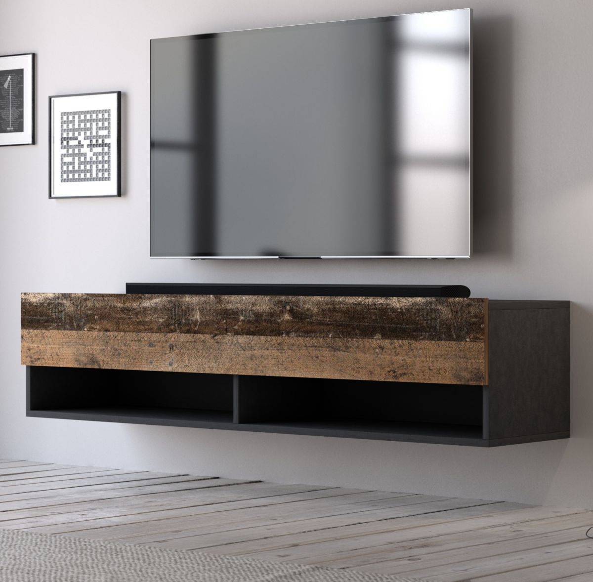TV-Lowboard Epsom in Used Wood und Matera grau TV Unterteil hängend 140 x 30 cm