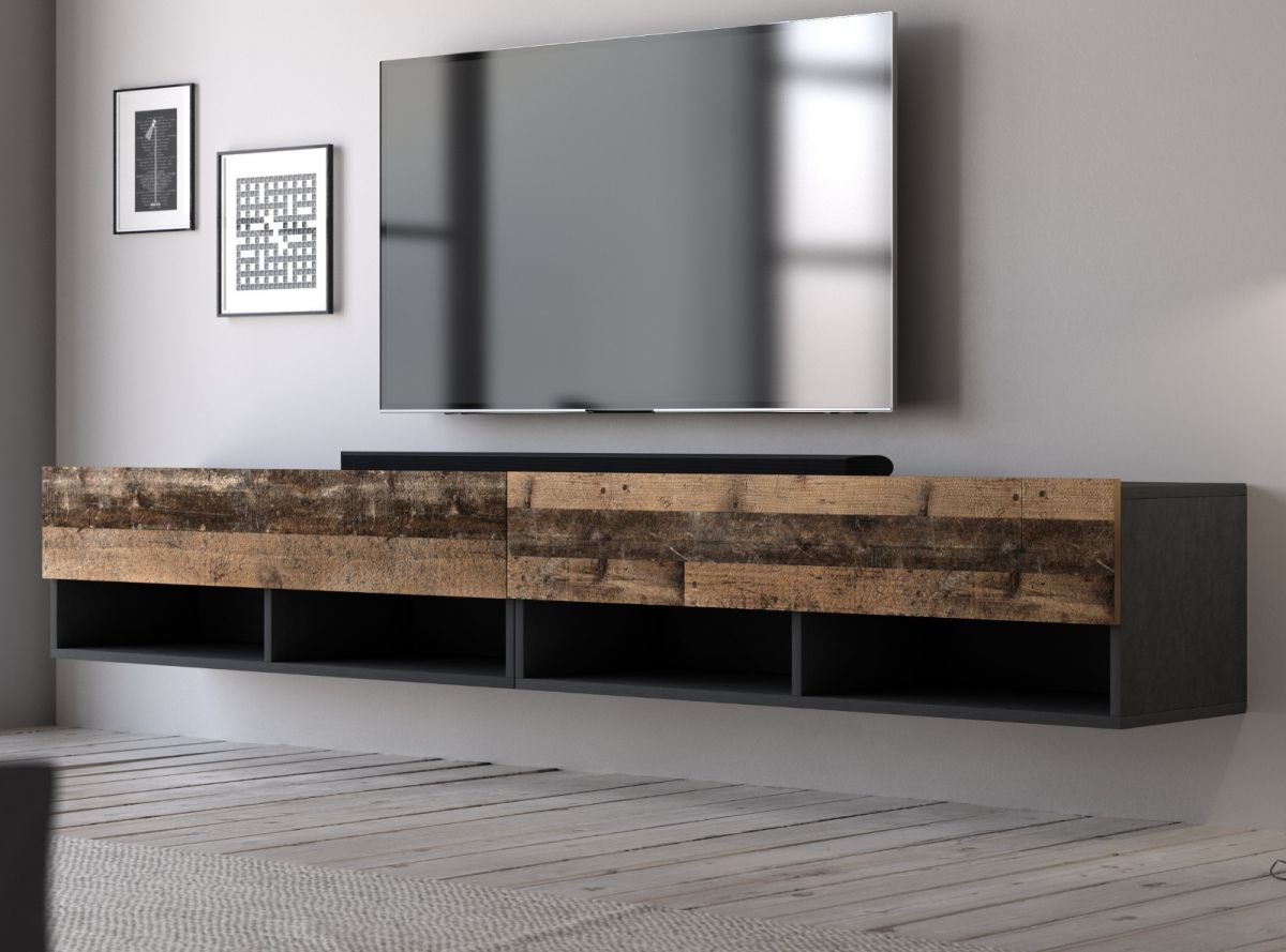 TV-Lowboard Epsom in Used Wood und Matera grau XL TV Unterteil hängend 200 x 30 cm unter Wohnzimmer > TV-Möbel und Medienmöbel > TV Lowboard hängend