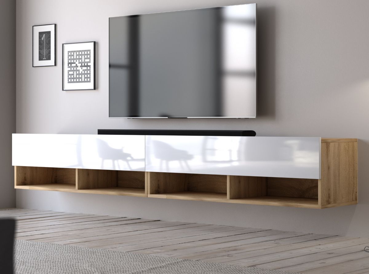TV-Lowboard Epsom in weiss Hochglanz und Wotan Eiche XL TV Unterteil hängend 200 x 30 cm