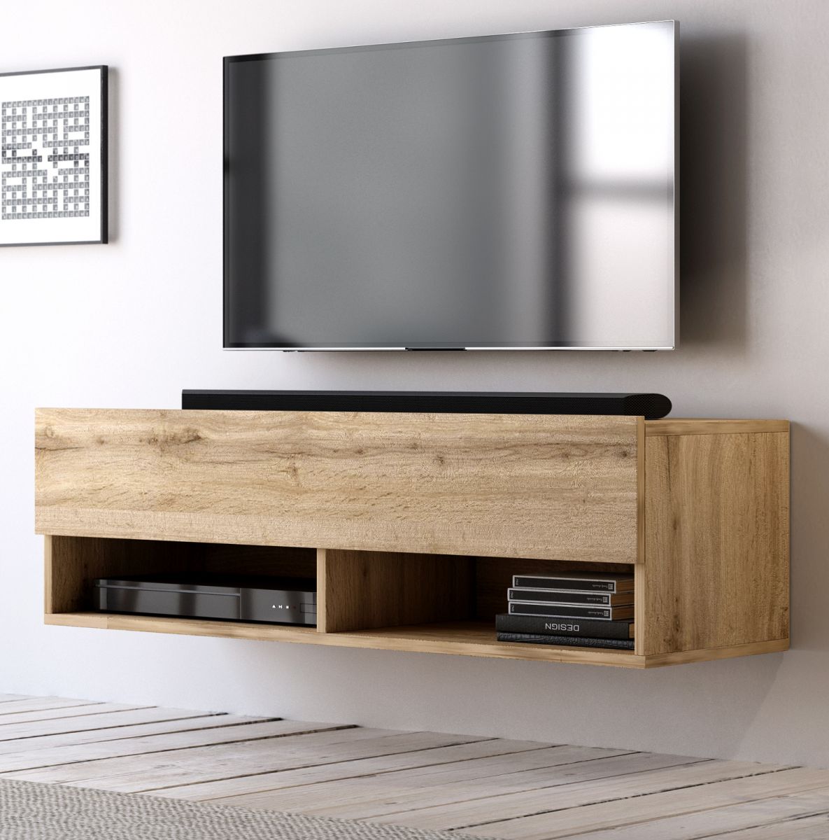 TV Lowboard Epsom in Wotan Eiche hängend 100 x 30 cm unter Wohnzimmer > TV-Möbel und Medienmöbel > TV Lowboard hängend