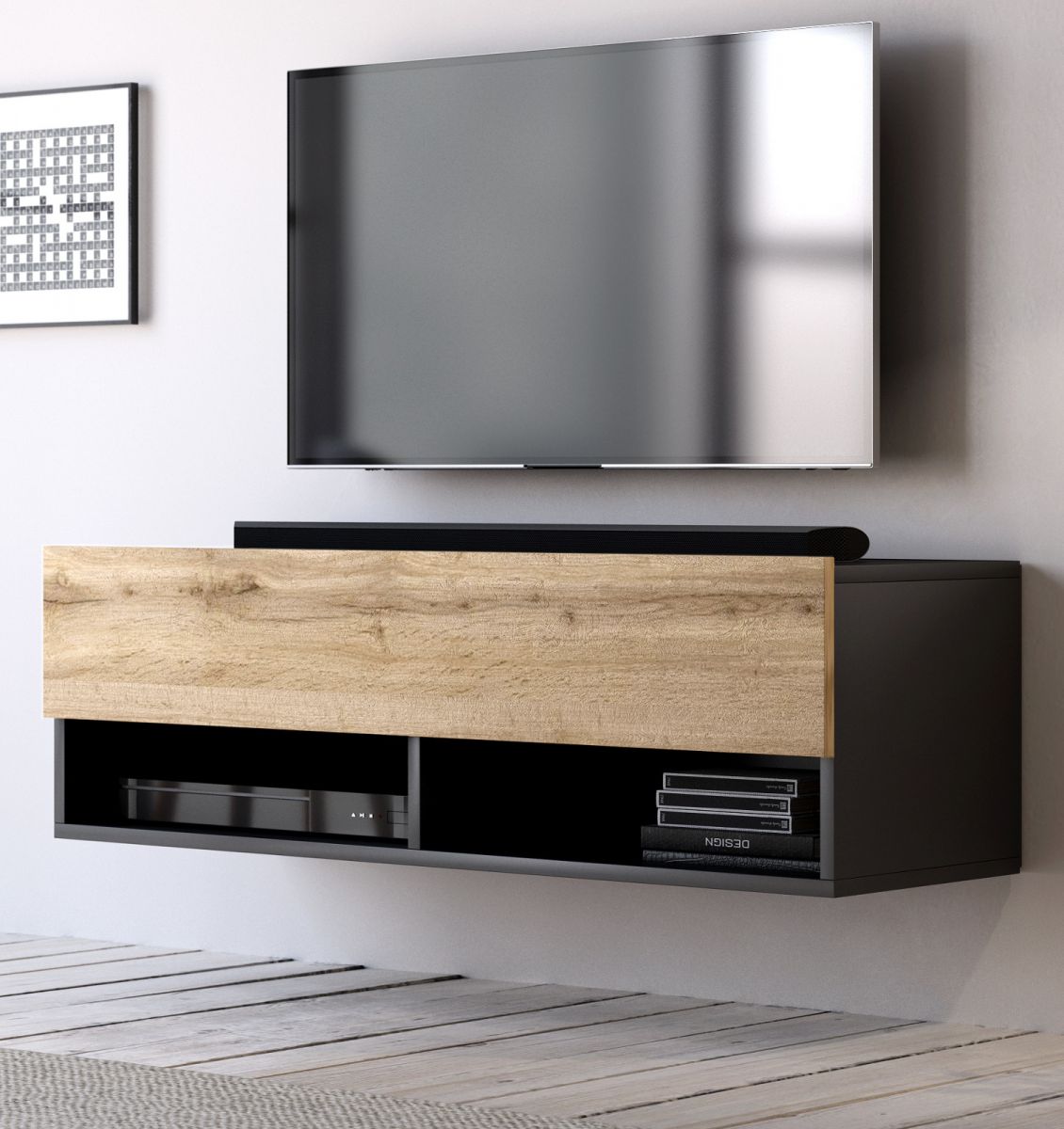 TV-Lowboard Epsom in Wotan Eiche und schwarz TV Unterteil hängend 100 x 30 cm