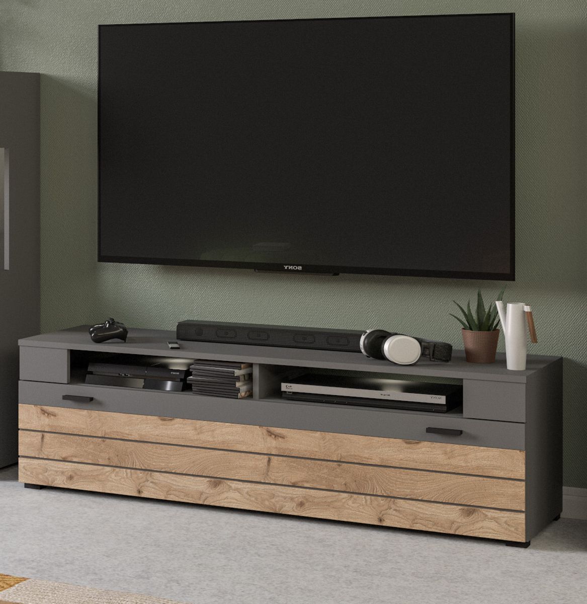 TV-Lowboard Freno in Nox Eiche und Basalt grau TV Unterteil 140 x 43 cm unter Wohnzimmer > TV-Möbel und Medienmöbel > TV Lowboard grau