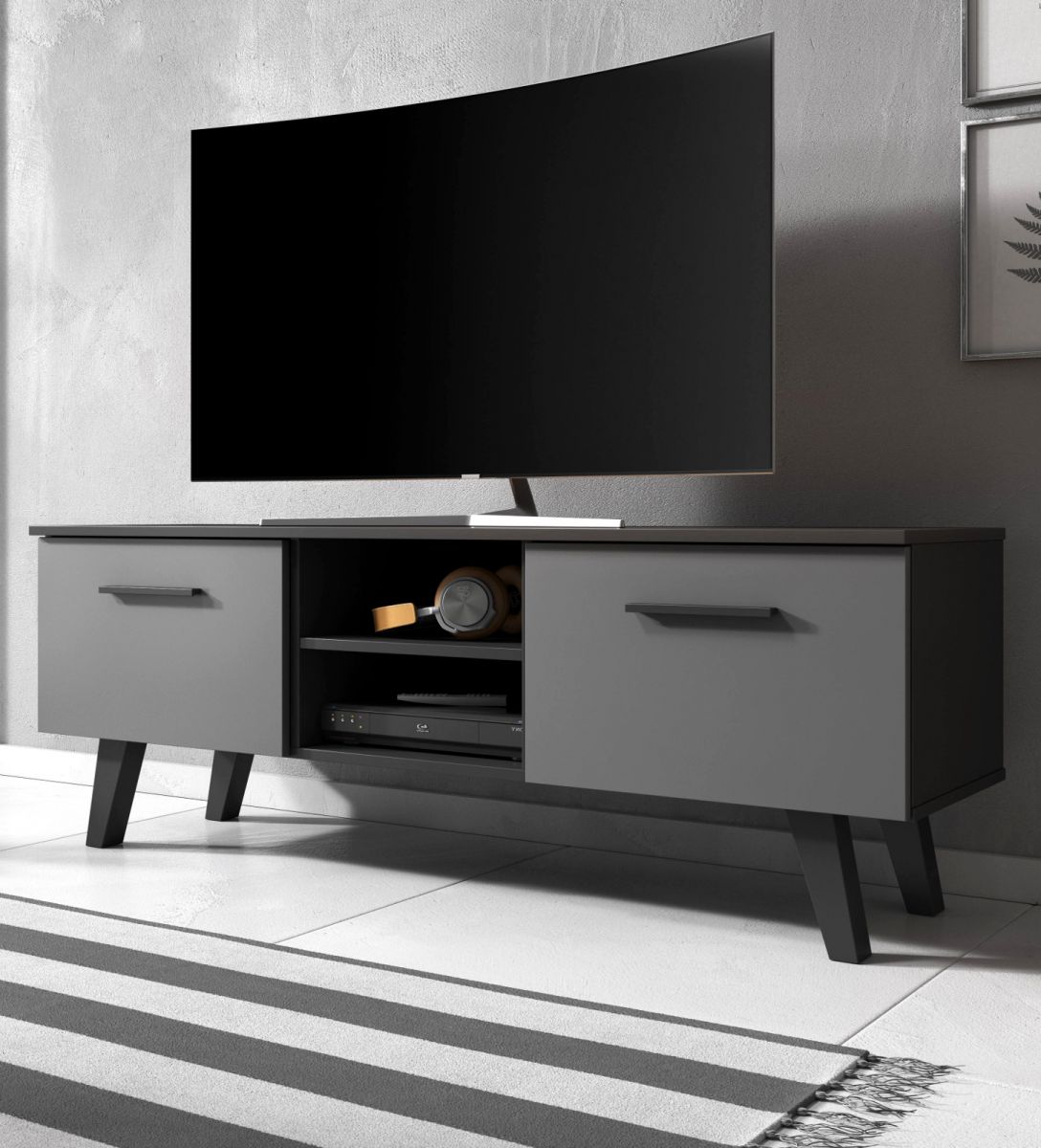 TV Lowboard Jenrik grau und schwarz matt im skandinavischen Stil 140 x 52 cm