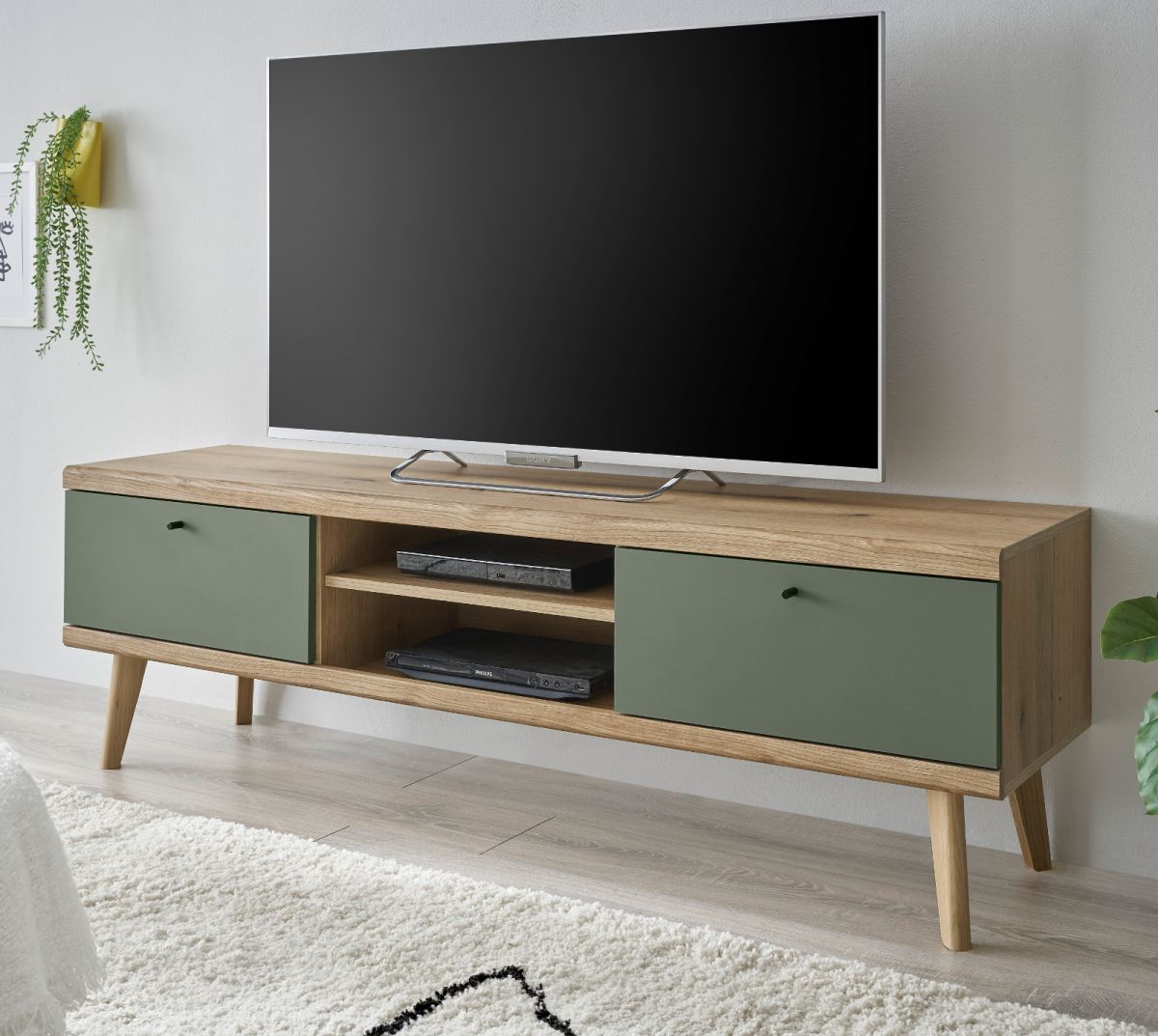 TV-Lowboard Juna in Salbei und Evoke Eiche TV Unterteil skandinavisch 160 x 50 cm