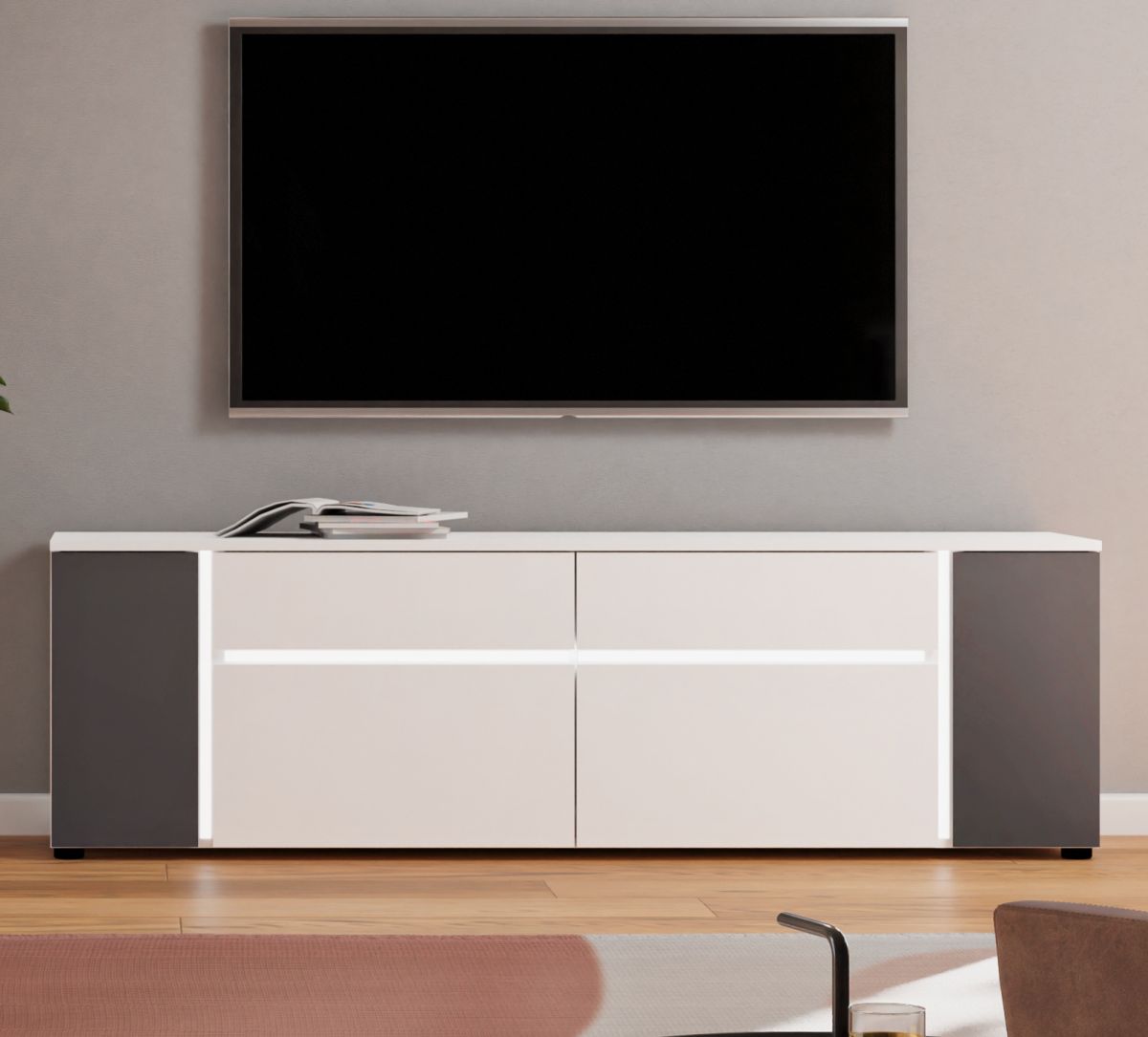 TV-Lowboard Kato in weiss und grau TV Unterteil inklusive Frontbeleuchtung 170 x 51 cm