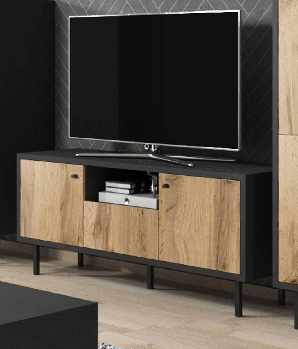 TV-Lowboard Konya in Wotan Eiche und schwarz matt TV-Unterteil in Komforthöhe 140 x 65 cm