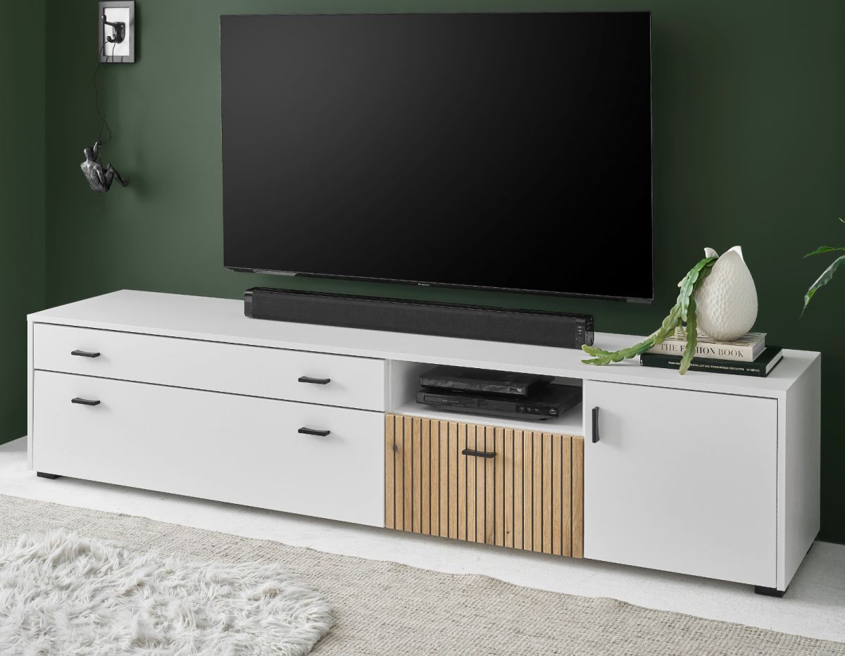 TV-Lowboard Merced in weiss matt und Evoke Eiche TV Unterteil 200 x 44 cm