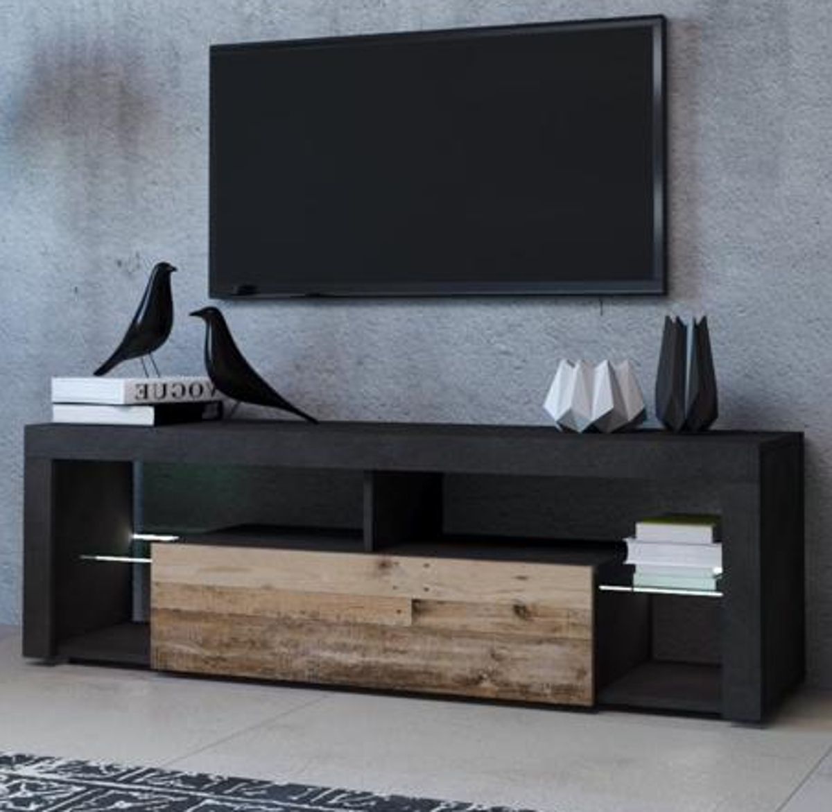 TV-Lowboard Mount in Matera grau und Old Used Wood hell mit LED 140 x 51 cm unter Wohnzimmer > TV-Möbel und Medienmöbel > TV Lowboard grau