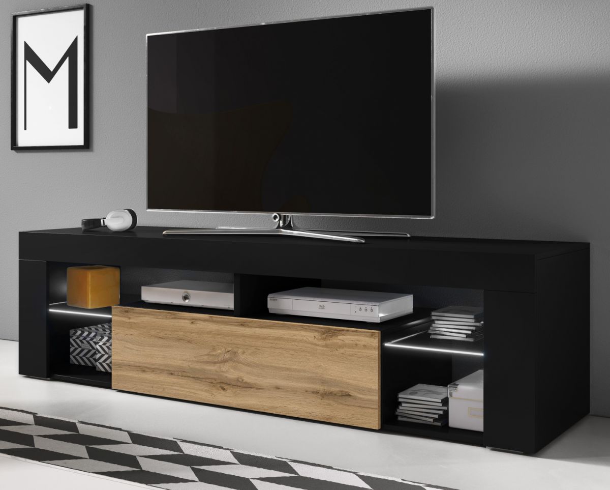 TV-Lowboard Mount in schwarz und Wotan Eiche mit LED 140 x 51 cm