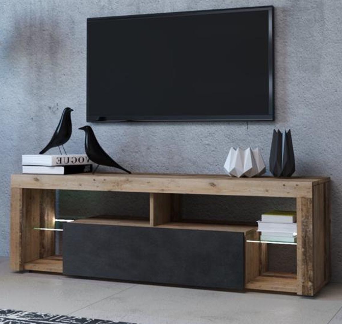 TV-Lowboard Mount in Used Wood hell und Matera grau mit Beleuchtung 140 x 51 cm unter Wohnzimmer > TV-Möbel und Medienmöbel > TV Lowboard Holz