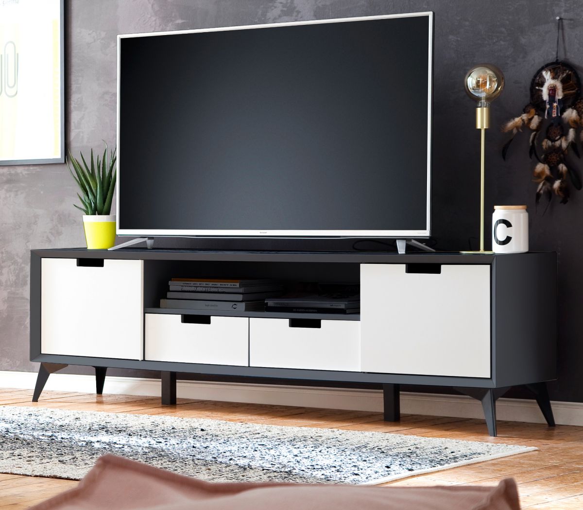 TV-Lowboard Netanja in grau und weiss matt lackiert TV Board mit Wechselfronten und Türen 180- drehbar 180 x 55 cm