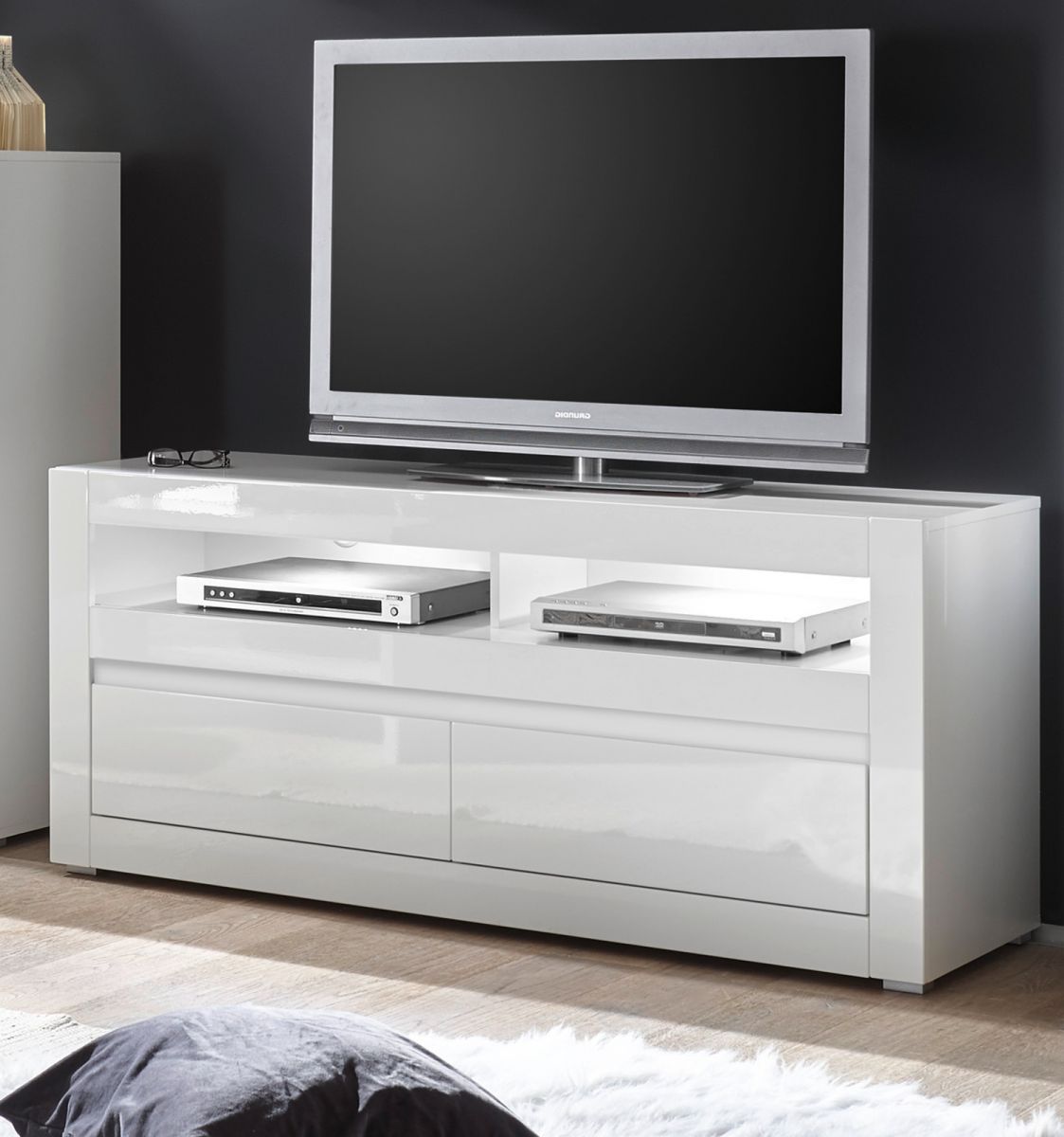TV-Lowboard Nobile in Hochglanz weiss und Stone Design grau TV-Unterteil in Komforthöhe 150 x 63 cm