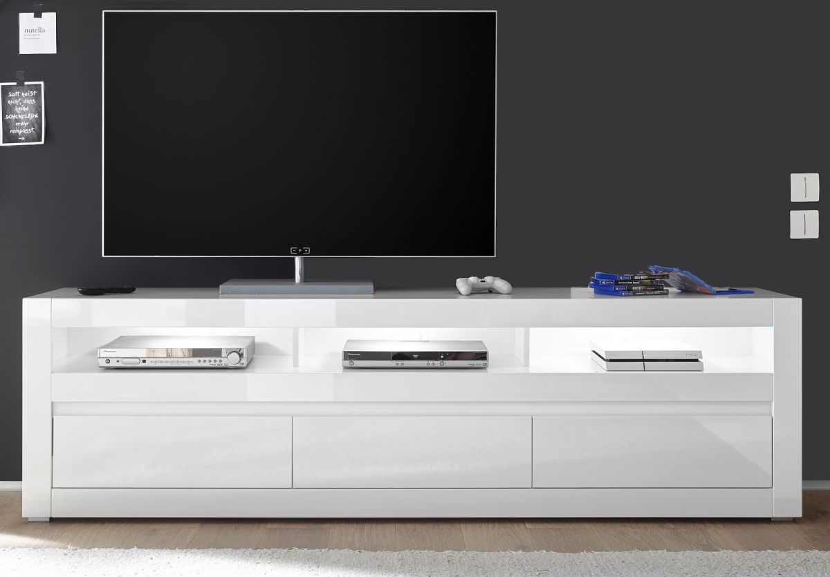 TV-Lowboard Nobile in Hochglanz weiss und Stone Design grau TV-Unterteil in Komforthöhe 217 x 63 cm