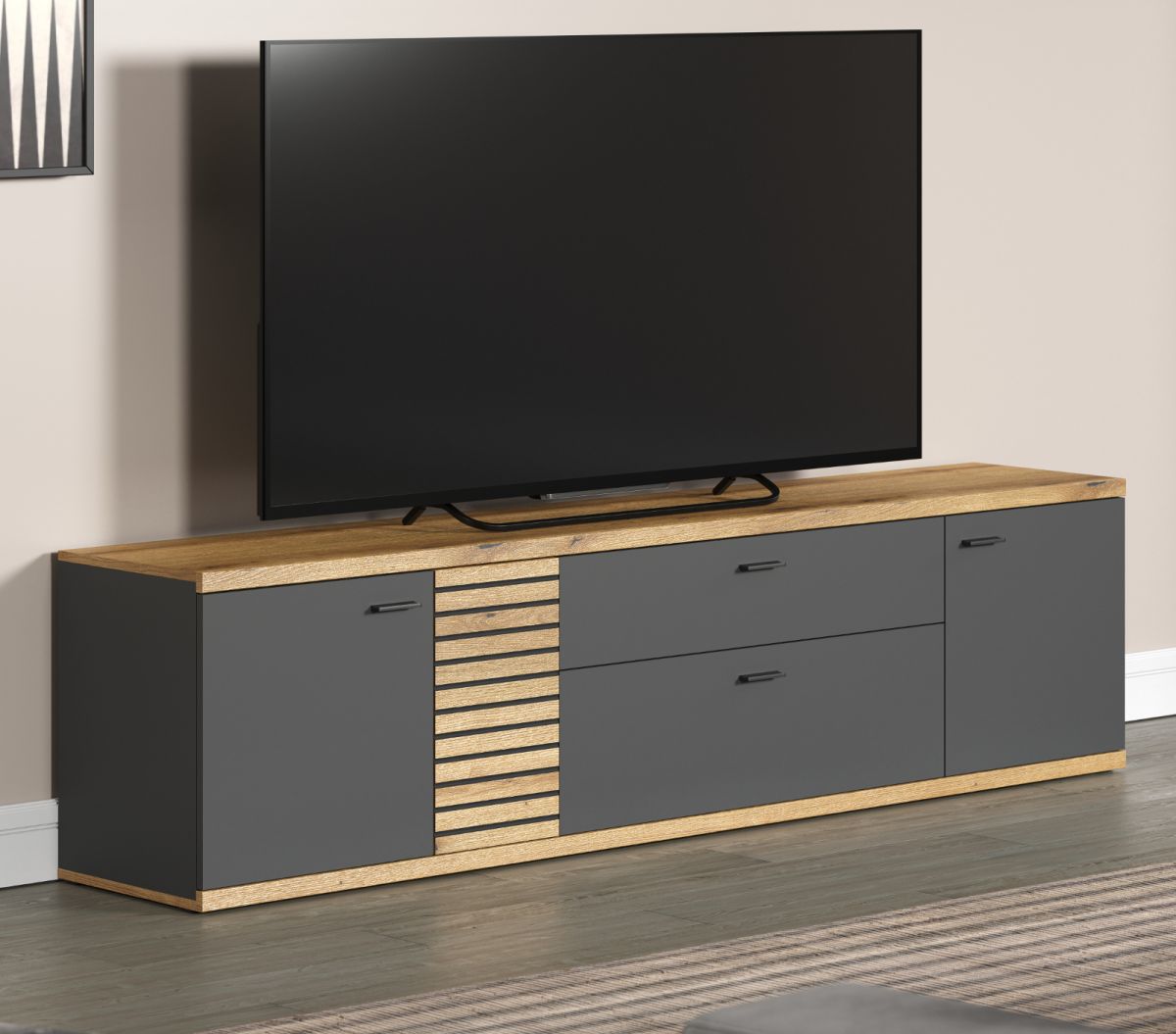 TV-Lowboard Norris in grau und Evoke Eiche TV Unterteil mit Soft-Close 202 x 55 cm