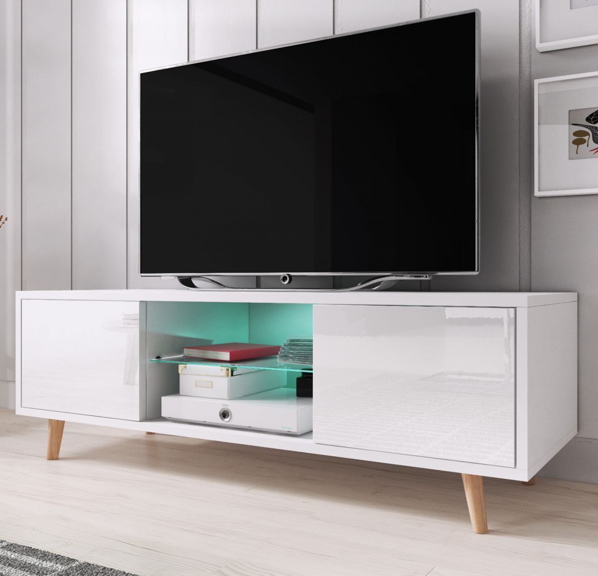 TV-Lowboard Norway-1 in weiss Hochglanz - Fernsehtisch skandinavisch 140 x 45 cm unter Wohnzimmer > TV-Möbel und Medienmöbel > TV Lowboard weiß Hochglanz