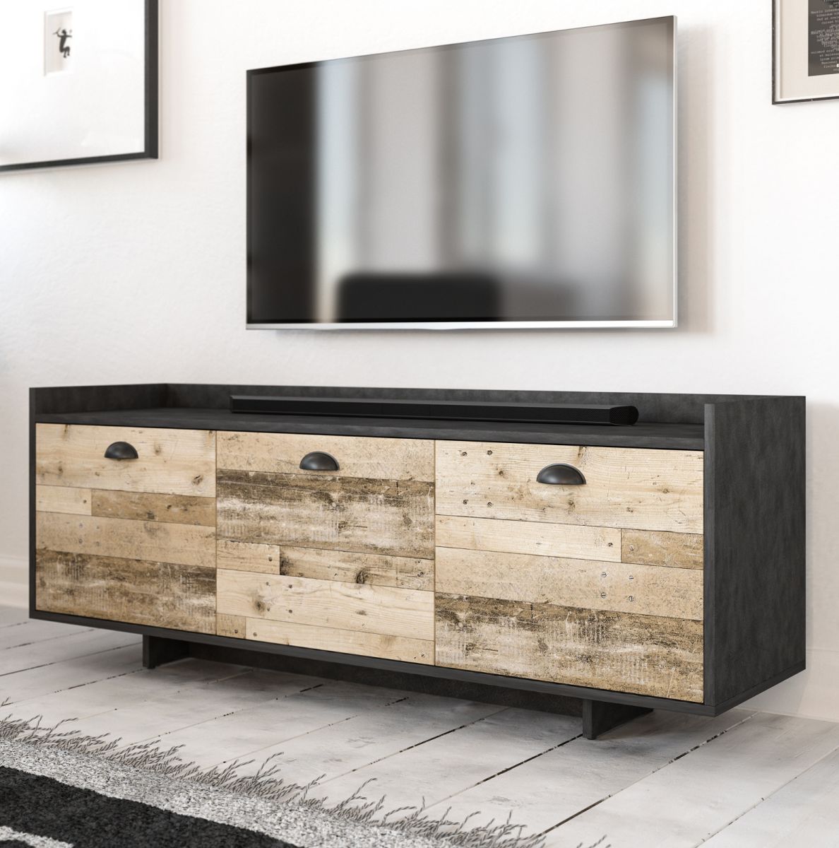 TV-Lowboard Plate in Old Used Wood hell und Matera grau TV-Unterteil 140 x 53 cm
