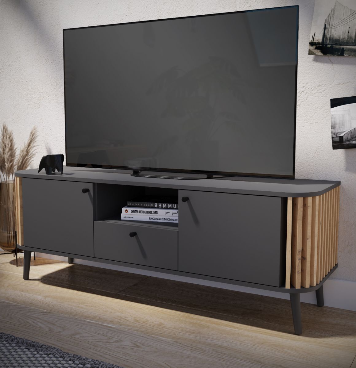 TV-Lowboard Pure in grau und Artisan Eiche mit 3D-Lamellen TV Unterteil 138 x 50 cm